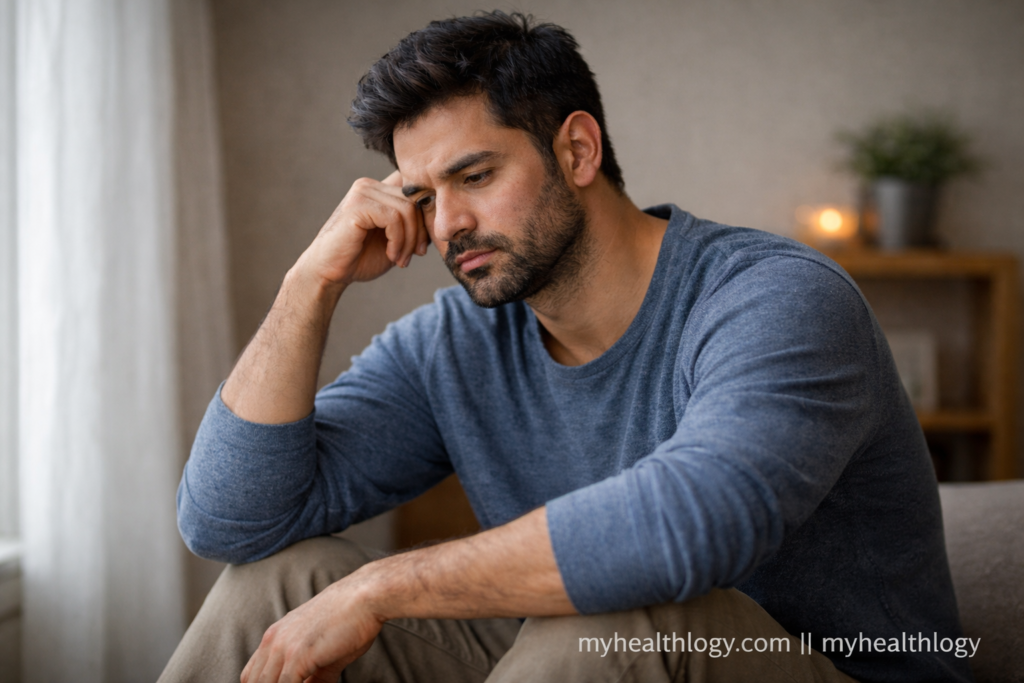 Person sitting quietly with a restless mind and deep thoughts – myhealthlogy.com
