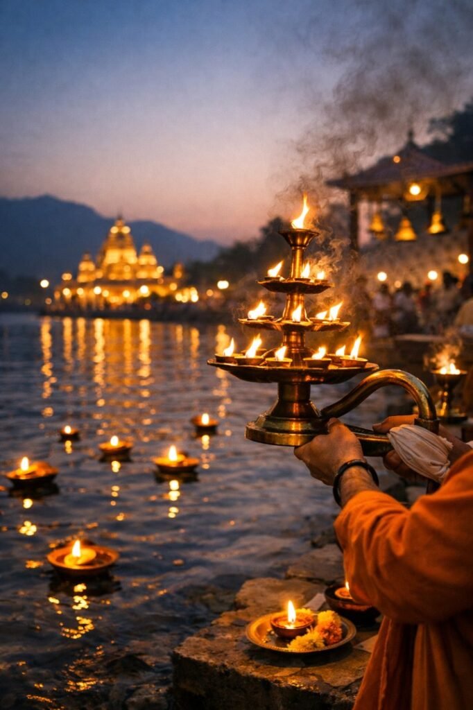 Evening diya lamp ritual—symbolizing surrender and peace from Bhagavad Gita teachings - myhealthlogy.com